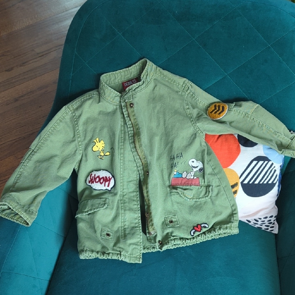 Zara Peanuts/Snoopy Little Girls Jacket With Patches, Army Green, Size 5